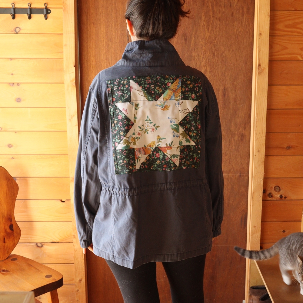 Upcycled Patchwork Jacket Sawtooth Star Quilt Block L • XL • 2XL